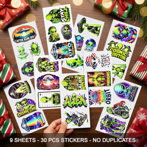 30PCS Alien Stickers for Teens Adults, Saucer Outer Space Sci Fi | Vinyl Waterproof Matte Decals for Laptop Water Bottle Skateboard Helmet Car - color: Alien 30 Stickers