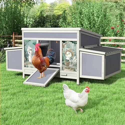 COZIWOW Chicken Coop with Nesting Boxes & Perches 59'' Large Poultry Hutch | 4 Openable Doors, Fresh Air Ventilation, Weatherproof Wooden Hen House with Pull-Out Tray, Cage for Chickens, Ducks & Rabbits