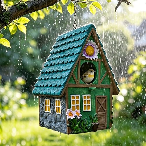 Bird House for Outside, Hand-Painted Resin Cottage Birdhouse with Flower Accents, Waterproof Hanging Bird House for Outdoor Garden, Patio, Yard, Bluebird, Finch, Hummingbird, Sparrow Nesting Box
