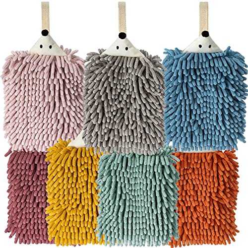 7pcs Soft Chenille Hanging Hand Towels, Quick Dry, Cute Hedgehog Pattern, Bathroom & Kitchen Towels with Hanging Loop, Absorbent, Dustproof - color: Colorful