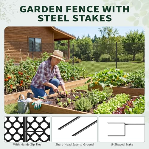 Plastic Chicken Wire Mesh Fence with Metal Stakes, 39.4in x 82ft Quick-Install Chicken Wire Fencing- Plant Protectors from Animals - Weather Resistant Garden Netting - Pet & Poultry Netting