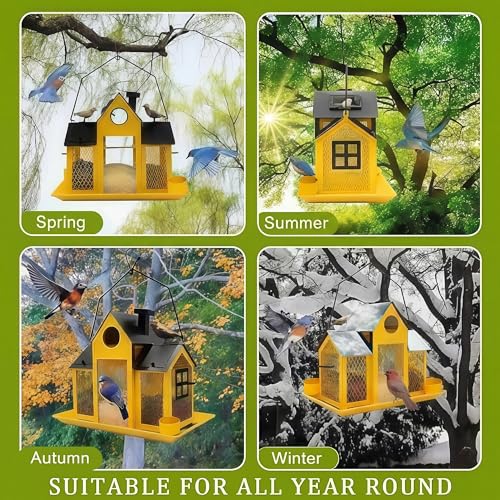 Solar Bird Feeders House for Outside Hanging, Metal Wild Bird Feeder for Outdoors Large Capacity Cardinal Birdfeeder Birdhouses Metal Bird Feeding Station Yellow - color: yellow