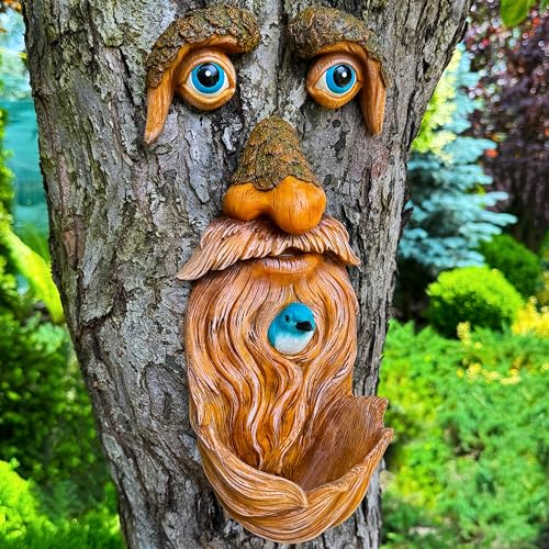 Mood Lab Tree Face Decor with Blue Bird Accent - Outdoor Old Man Face Decoration - Tree Garden Hugger - Yard Art Statue