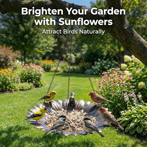 Topadorn Hanging Bird Feeder Tray, Sunflower Platform Feeder for Outside | Outdoor Bird Feeder Tray for Wild Birds, Metal Seed and Water Dish with Hanging Chains and S-Hook for Garden and Patio
