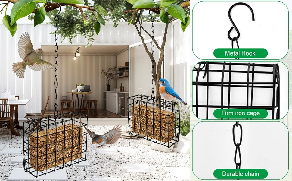 Suet Bird Feeder 2 Pack, Hanging Cage for Standard 11 oz Cakes | Fruit slice or seed block use; latch-door holders for branch, shepherd hook, or porch placement