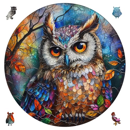 Ruikiyart Puzzles for Adults, 5MM 500 Pieces Stained Glass Owl Wood Jigsaw Puzzle, Wall Decor, Mosaic Bird Puzzle Unique Shape Challenge, Family Games for Adults Home Decoration (16.7"*16.7") - color: Colorful Owl, size: 500 Pieces