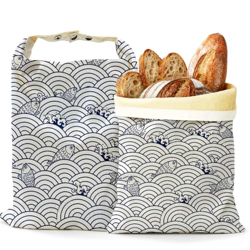 2 Pack Beeswax Japanese Wave Fish Bread Bags for Sourdough Homemade Breads, Reusable Beeswax Bread Blue Ocean Storage Bag, Keep Loaves Fresh Longer, Freezer Safe & Airtight, Zero Waste 17 x 13'' - color: Japanese Wave Fish
