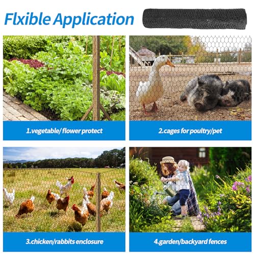 12'' x 150' Black Chicken Wire Mesh Fence, 19 Gauge Galvanized Poultry Netting and 1 inch Garden Mesh Fence Roll, Chicken Wire for Floral Arrangements/Crafts/Farm/Livestock/Pet Protection - size: 19 gauge 12'' x 150'