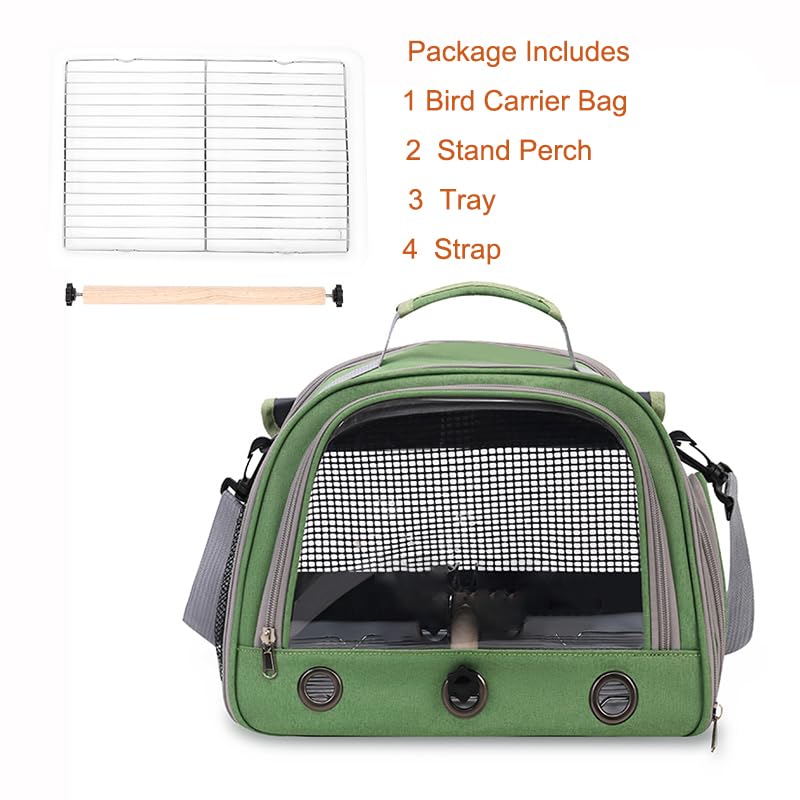 Bird Travel Carrier Bag, Portable Small Bird Parrot Parakeet Carrier | with Standing Perch and Tray, Side Access Window Collapsible Bird Carry Transport Bag for Vet Visit(Green)