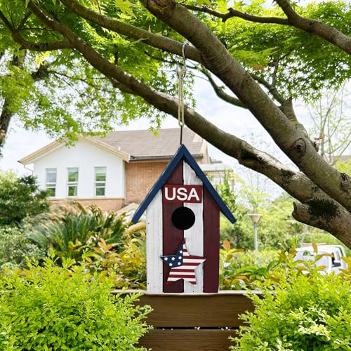 Patriotic Wood Bird House for Outside, Hanging Birdhouse for Outdoor Garden Decorative US Flag Bird House Nest Home for Wrens and Small Birds