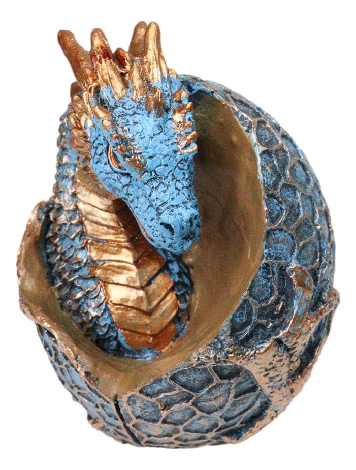 Ebros Gift Metallic Bronze and Blue Azure Dragon Hatchling in Dragon Scales Egg Figurine Medieval Gothic Fantasy Dragons Accent