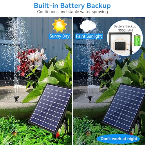 6.5W Solar Fountain Pump for Bird Bath Built-in 3000mAh Battery Backup, DIY Solar Water Fountain with Double-Layer Nozzles & Dry-Run Protection 5Ft Tubing for Ponds, Bird Bath, Water Features - size: 6.5W Fountain