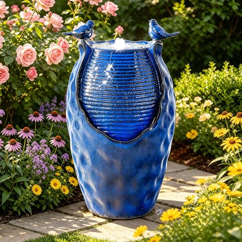 Autodaya 25" Ceramic Jar Outdoor Water Fountain with Hammered Texture | Bird-Friendly Decorative Garden Water Feature with ambiant lighting, Soothing Trickling Waterfall for Patio Backyard Oasis - color: 23.5"h-honeycomb Pot Cobalt Blue Glaze