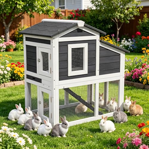 Wooden Rabbit Hutch Indoor,2 Story Bunny House | Openable Asphalt Roof, Removable Tray, Wire Fence, Lockable Doors, Access Ramp, Nesting Box - color: White