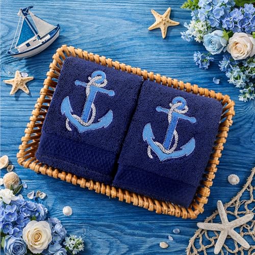 SmoothNovelty 2 Pcs Nautical Anchor Hand Towels for Bathroom 14x29 Inch | Embroidered Navy Blue Bathroom Hand Towels, 100% Cotton, Soft Absorbent, Summer Ocean Bathroom Kitchen Decor - style: Nautical Anchor