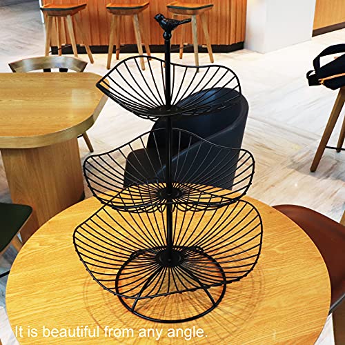 easyBee 3-Tier Fruit Basket Tower Stand, Metal Wire Construction, Vegetable Tiered Shelf, Tall Standing Produce Holder, Serving Basket for More Counter Space, 31 x 25 x 20 cm - Black