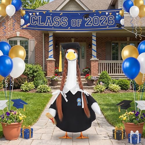 Abbylike Graduation Porch Goose Outfits Graduation Cap with Gold Tassel and Wig Yard Goose Costume Clothes Fits Large 23'' Cement for Garden Yard Statue Lawn Pathway Decorations - style: Graduation