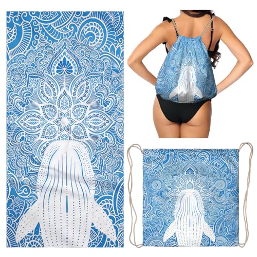 2-in-1 Convertible Towel & Backpack Microfiber Beach Towel Bag with Boho Whale - color: Mandala Whale Blue