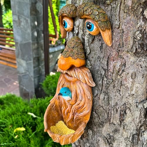 Mood Lab Tree Face Decor with Blue Bird Accent - Outdoor Old Man Face Decoration - Tree Garden Hugger - Yard Art Statue