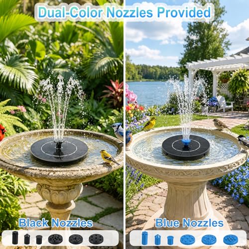Yeomi 3.5W Solar Fountain, 12 Nozzles Black & Blue with 6 Spray Patterns | Solar Water Pump Solar Fountain Pump for Bird Bath, Small Pond, Garden, Outdoor Water Feature - color: 3.5w Solar Fountain + Black&blue Nozzles