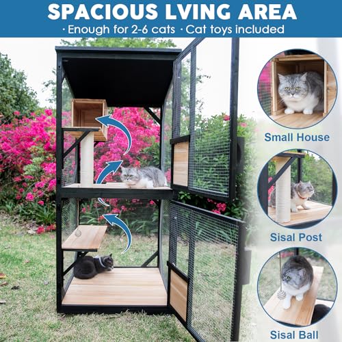 Cat Catio Cat House Outdoor Enclosure Window Large Outside Patio, 4 Wheels | Removable Floor, Scratching Post Sisal Ball Waterproof Roof