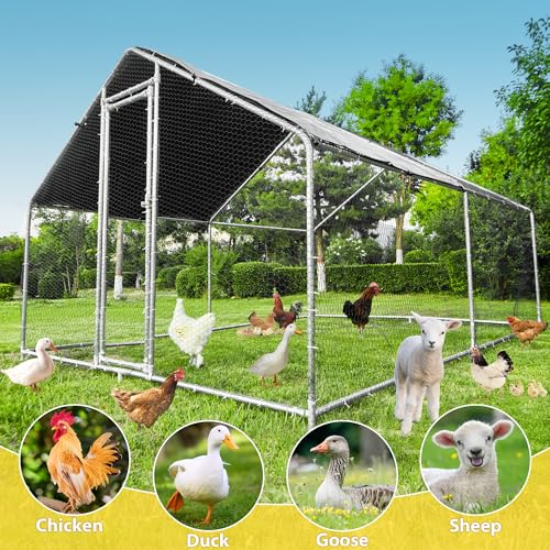 Large Metal Chicken Coop, Chicken Runs for Yard with Cover Walk-in Poultry Cage for 10 20 Chickens, Chicken Pen Duck Coop with Water-Resident Top and Feeding Door, Spire Hen House 12.8Lx9.84Wx6.6H FT - size: 153.6"L x 118.0"W x 79.2"H