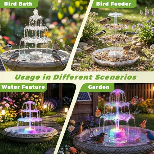 AISITIN 6.5W Solar Bird Bath Fountains with Lights, 3 Tiered Bird Bath | Solar Water Pump Upgraded Detachable DIY Solar Powered Fountain for Garden, Patio, Yard and Pond - color: White