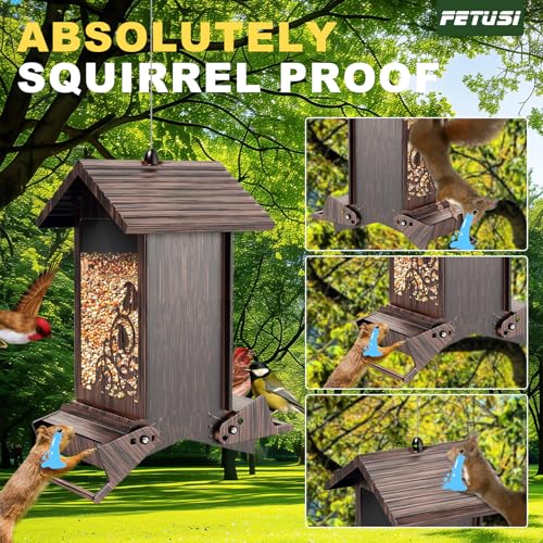Squirrel Proof Bird Feeder for Outdoor Hanging,Metal Bird Seed Feeder with Bilateral Weight Activated Perches,5LB Large Capacity Wild Bird Feeders for Outside,Easy Refill and Clean,Brown - color: Brown