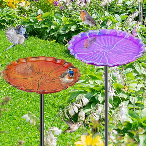 2PCS Hummingbird Bird Bath for Outside, Freestanding Metal Flower BirdBaths Bowl with Stake, Detachable Birdfeeder for Outdoor Yard Lawn Garden Decor (2PCS-Purple-Orange) - style: 2PCS-Purple-Orange