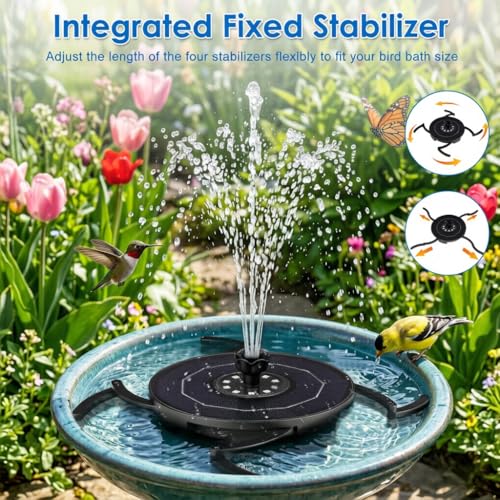Solar Fountain with LED Lights, Solar Bird Bath Powerd Fountain Works in Cloudy & 2000mAh Battery Backup, 4 Fixed Rods, 7 Nozzles, Outdoor Water Fountain for Brid Bath, Garden, Pool, Pond
