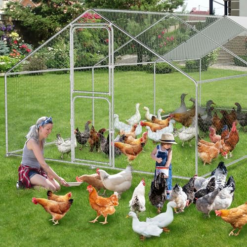 Takywep Walk-in Metal Chicken Coop, 9.8×19.7×6.6FT Galvanized Poultry Cage with Spire Roof, Waterproof UV Cover & Dual Doors, Heavy Duty Large Hen House for Backyard Farm, Suitable for Duck Quail - size: 118.1"L x 236.2"W x 78.7"H