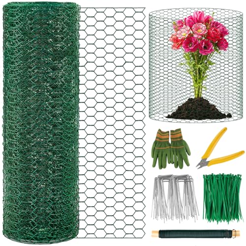Plant Protectors from Animals, 16.4 x 16In Green PVC Coated Galvanized Chicken Wire Mesh Roll, 0.8mm Free-Cut Plant Cage with Ties, Stakes, Gloves, Pliers & Floral Wire (33Ft*20In) - size: 33Ft*20In