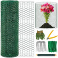 Plant Protectors from Animals, 16.4 x 16In Green PVC Coated Galvanized Chicken Wire Mesh Roll, 0.8mm Free-Cut Plant Cage with Ties, Stakes, Gloves, Pliers & Floral Wire (33Ft*20In) - size: 33Ft*20In