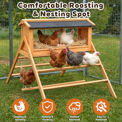 Solid Wood Chicken Coop Accessories with Nesting Box for 4-6 Hens - A-Frame Outdoor Chicken Perch, Weather-Resistant Asphalt Roof, Backyard Chicken Roosting Bars