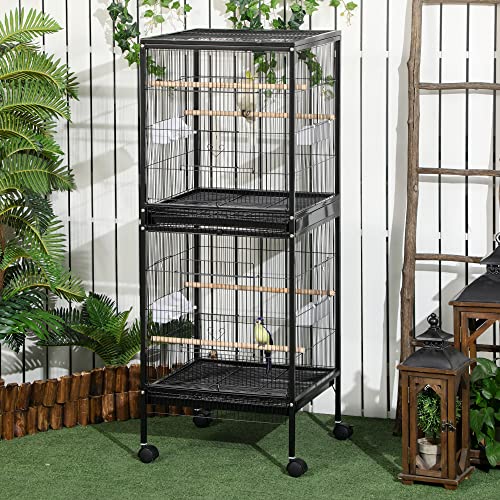 PawHut Large Bird Cage 1.7 ft. Width for Wingspan 55", Black | Bird Aviary Indoor, Multi-Door Design, Fit for a Canary, Finch, Conure - color: Black