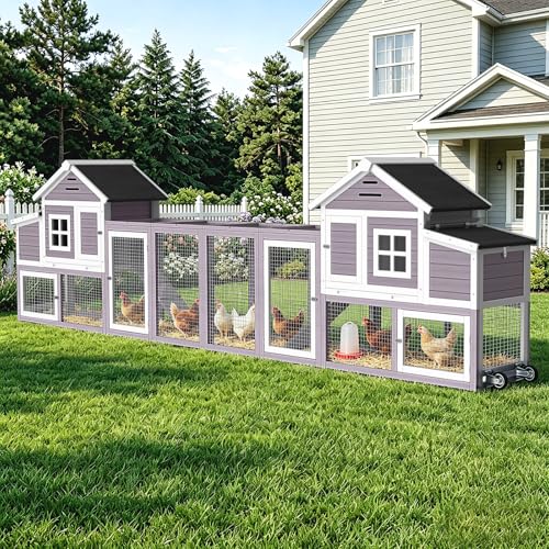 Chicken Coop with Run, Mobile Chicken Coop with Wheels for 4-6 Chickens, Large Outdoor Hen House with Nesting Box, Weatherproof Asphalt Roof, Pull-Out Tray for Small Animals in the Backyard - color: Grey