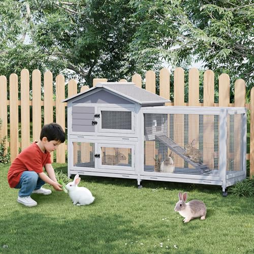 2-Story Wooden Rabbit Hutch & Chicken Coop with Wheels, Indoor/Outdoor Bunny Cage with Waterproof Roof, Removable Cleaning Tray & Access Ramp for Chicken, Rabbit - size: 63.2 inch
