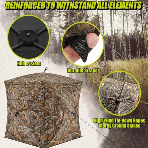 Camping Tent Hunting Blinds, 270° See Through Mesh with Silent Sliding Window, 2-3 Person Ground Deer Stand Pop Up Hub Turkey Deer Hunting Tent with Portable Bag - color: Camouflage 2