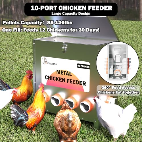 Metal Chicken Feeder Large Capacity 85lbs Automatic Metal Rat Proof Chicken Feeders No Waster Weatherproof Poultry Feeder for Chickens, Geese, Ducks, Turkeys, Quails (10-Port) - style: 85lb Feeder with 10 Ports