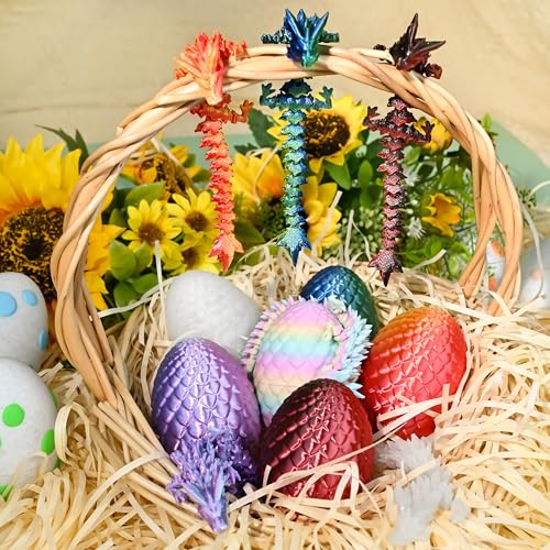 Impossmaker 8" 3D Printed Easter Dragon Eggs with 3D Printed Dragon Inside, Easter Basket Stuffers Mini Dragon Egg Set Articulated Crystal Dragon Fidget Toy for Adults Teens - style: 6P-S1