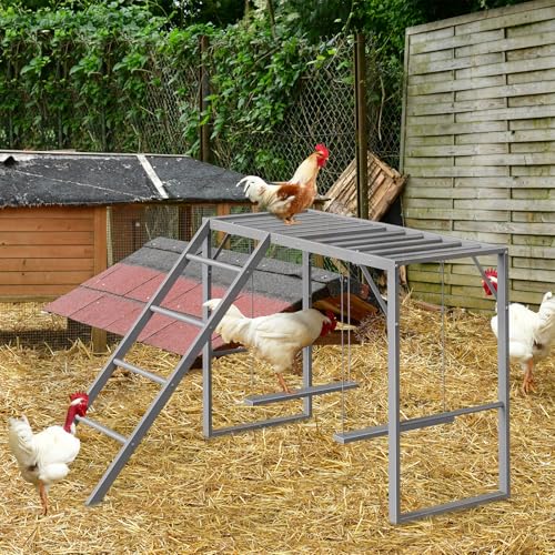 Chicken Perch Swing, Chicken Roosting Bars with Ladder for Coop, Metal Pet Swing Set for Pet's Healthy & Happy for 8-10 Chick, Grey