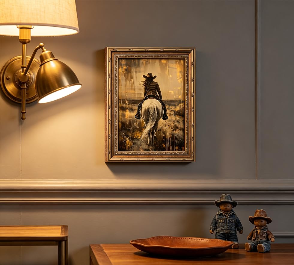 Vintage Gold Framed Western Cowgirl Wall Art Equestrian Rider in Sepia Tones Painting Canvas Prints Country Cowboy White Horse Picture Poster Rustic Farmhouse Artwork for Living Room Bedroom - color: Cowgirl, size: 24"L x 16"W