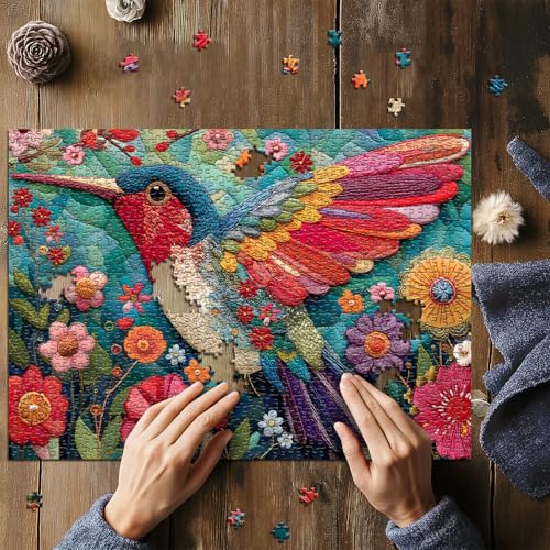 Hummingbird Puzzles for Adults 1000 Pieces, Bird Flower Garden Patchwork Art Quilt Puzzle, Beautiful Spring Floral Difficult Hard Jigsaw Puzzles with Animals, Colorful Challenging for Adults - style: Patchwork Hummingbird