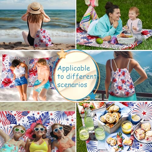 American Flag Beach Towel Bag - Blue Red Flower Microfiber 2 In1 Beach Blanket Drawstring Bag for Holiday Travel - color: American Flag Red