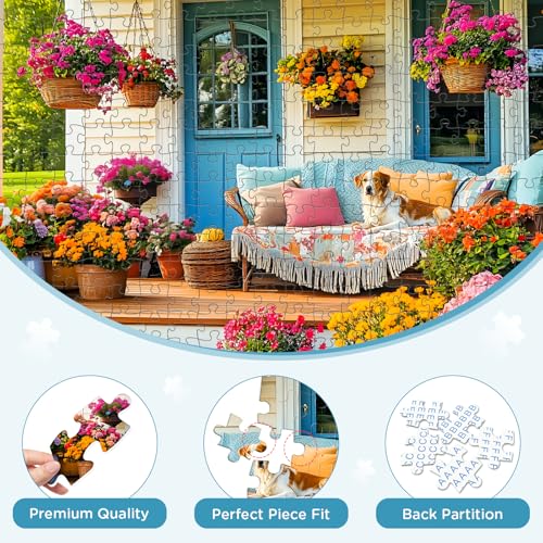 300 Piece Puzzles for Adult, Colorful Flower and Cute Puppy Jigsaw Puzzle - style: House and Puppy