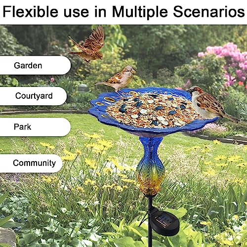 John's Studio Peacock Bird Bath for Outdoor - Glass Bowl Solar Light Bird Baths Cage Outside Dish Bird Feeder with Metal Stake for Garden, Yard and Patio - Blue 32 inches - color: Peacock Stake-Blue