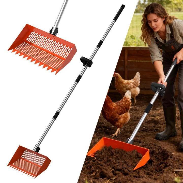 Chicken Poop Scooper & Rake 2-in-1 – 12 Inch Shovel Head & 3-Angle Adjustable 304 Stainless Steel Handle, Chicken Litter Scoop and Coop Rake & Sand Sifting Shovel for Chicken Coops, Orange - color: Orange