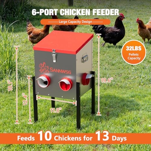Chicken Feeders,30 lb Capacity 6 Port Automatic Chicken Feeder, Metal Chick Feeder with Locking Lid and Legs, Chicken Feeder for Chickens, Ducks, Geese - size: 6 Ports (2+2+2)