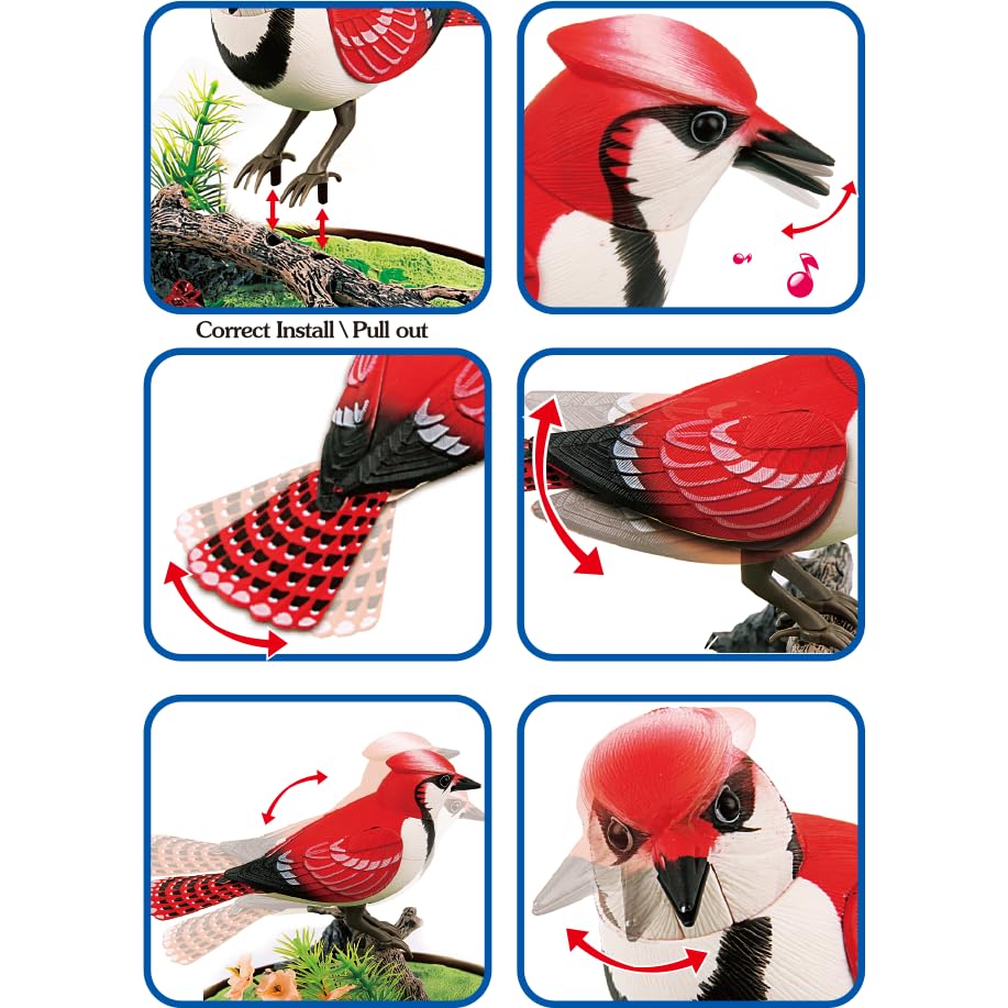 PowerTRC Singing & Chirping Bird in Cage, Realistic Sounds & Movements, Sound Activated, Battery Operated, Great Desk and Room Accessory, Pet Caged Bird Toy (10” x 7”) - color: #2 Red & White