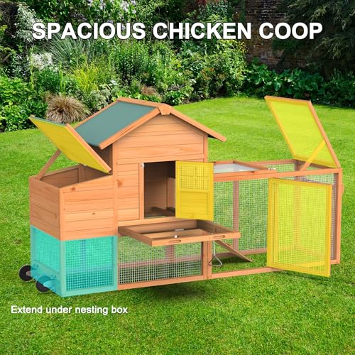 GOJOOASIS Portable Chicken Coop with Wheels & Handrail, Wooden Hen House | Outdoor 83” Predator-Proof Chicken Coop for 2-5 Chickens, Weatherproof Asphalt Top, Removable Tray, Ramp & Nesting Box